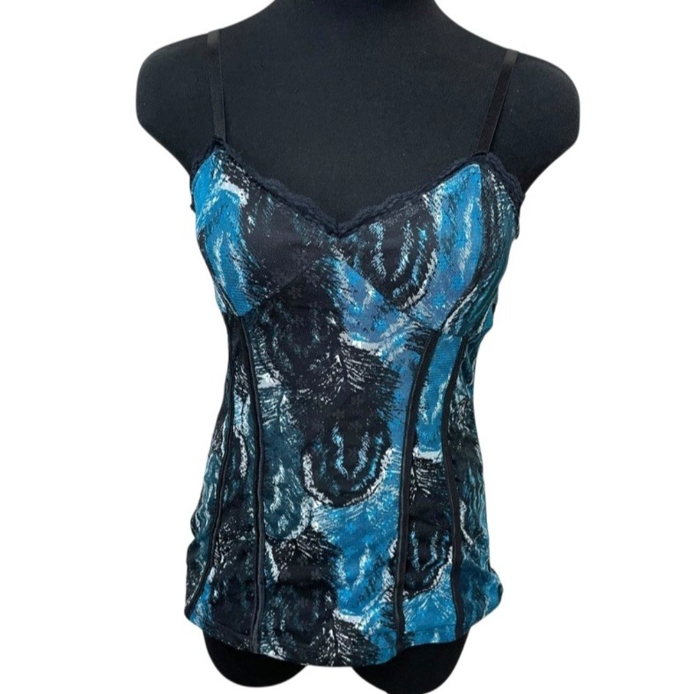 Vtg Y2K NOBO Cami Tank Top M 7/9 Lace Trim Babydoll Dark Fairy Blue Mesh Sheer
